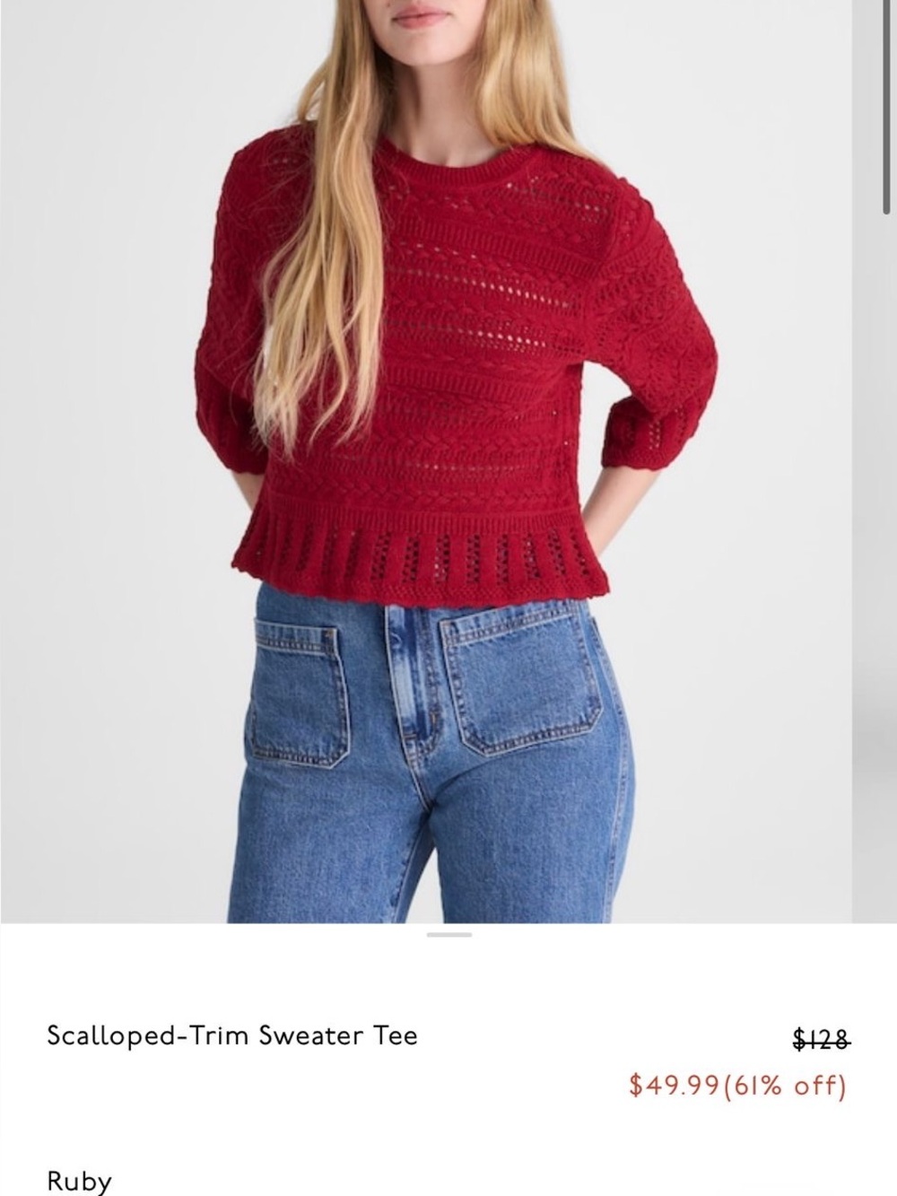Madewell Ruby Red Scalloped-Trim Openwork Sweater Tee